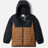 מעיל ה-Powder Lite II Hooded Jacket Y מבית columbiaIL כולל חלק עליון ושרוולים בצבע שחור, חלק תחתון בצבע חום, רוכסן קדמי, ברדס ולוגו של Columbia על החזה השמאלי.