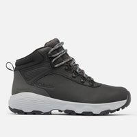 דגם Newton Wander LTR מבית קולומביה ישראל הוא מגף טיולים שחור ועמיד למים, הכולל סוליה אפורת עם דפוס מחוספס, שרוכים אפורים וכחולים, תמיכה בקרסול ולשונית משיכה בעקב, המוצג על רקע לבן חלק.